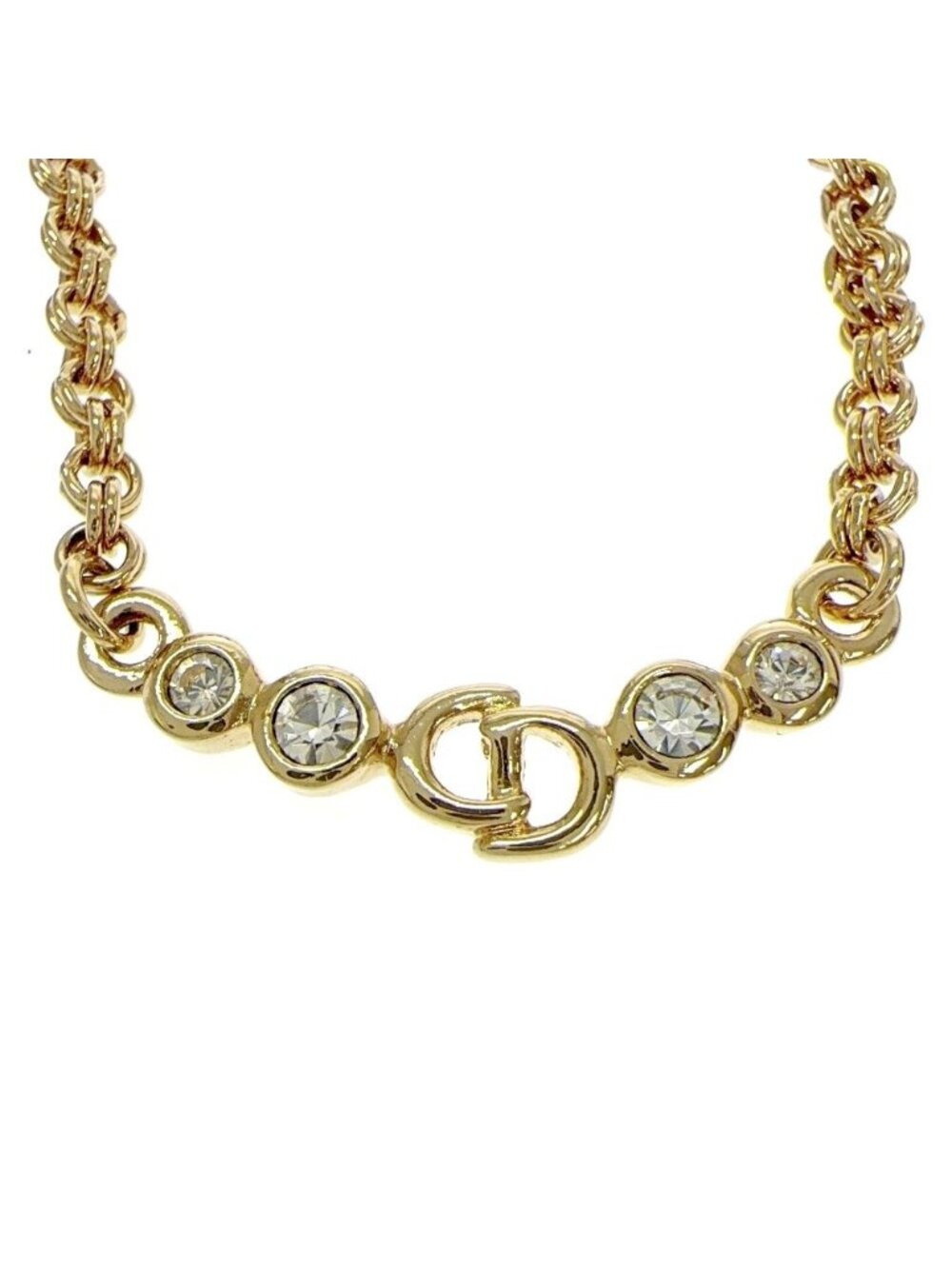 Dior Rhinestone CD Logo Necklace Gold
